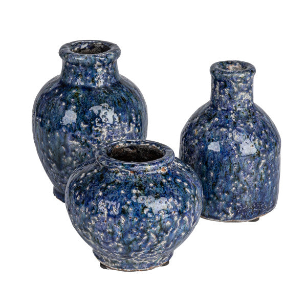 Navy Terracotta Vases with Crackle Glaze (Set of 3 Sizes)